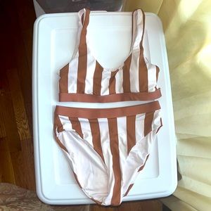 Two piece brown striped bathing suit
